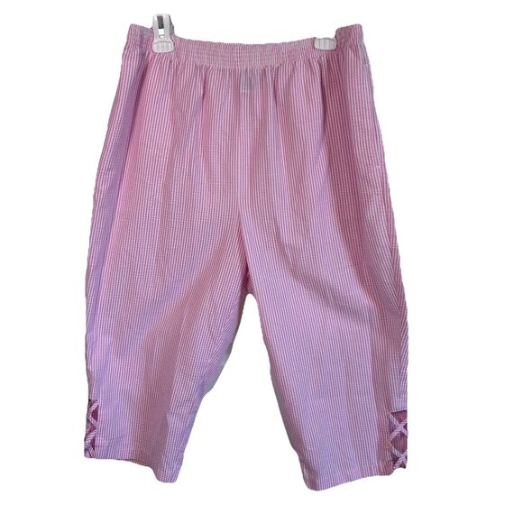 Vintage Bon Worth Womens 2pc Capri Set Pink White Strip Embroidery Flowers LP - Picture 6 of 16